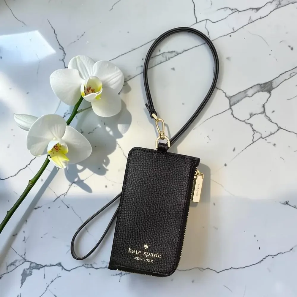 NWT Kate Spade Card Case Lanyard Black Leather ID Window Zip Wallet KN779 New